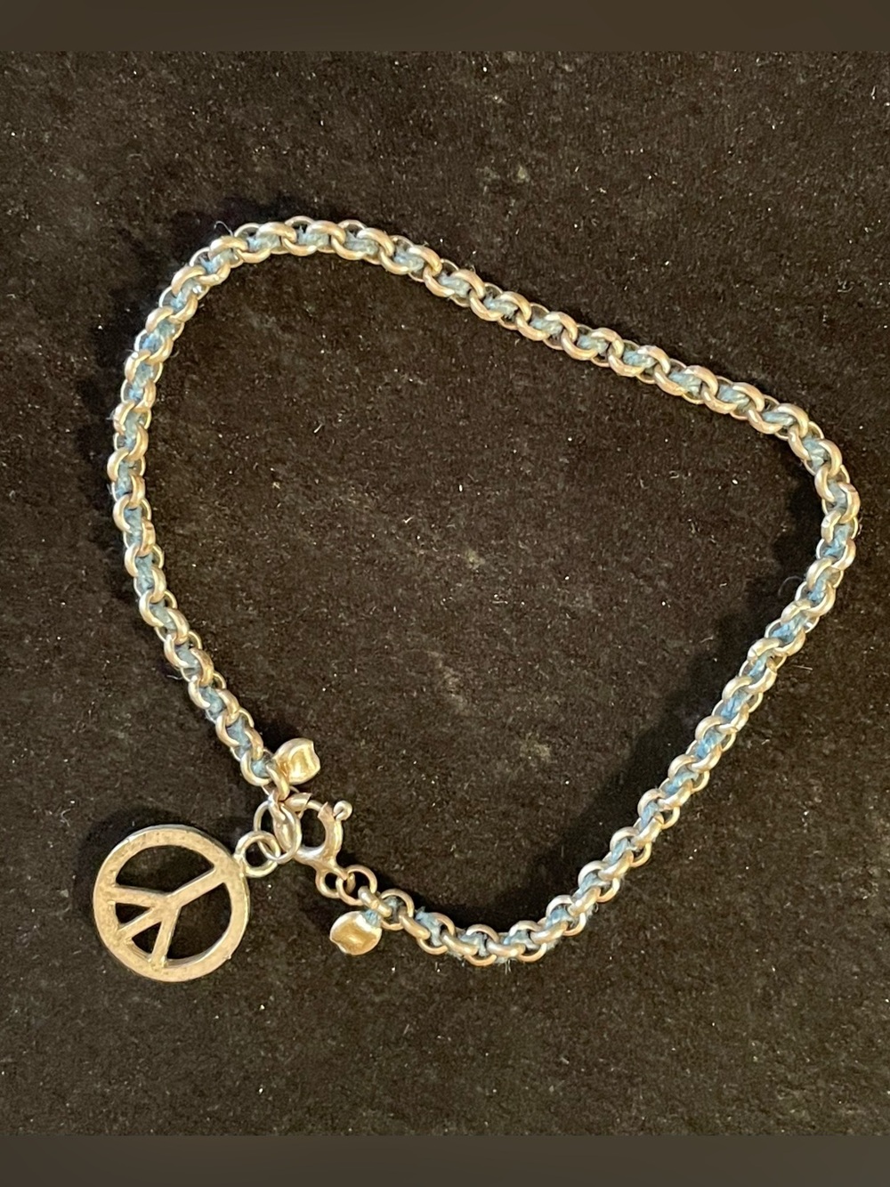 Vintage 925 Sterling Silver Blue Threaded Peace Charm Bracelet 6.5” Stamped